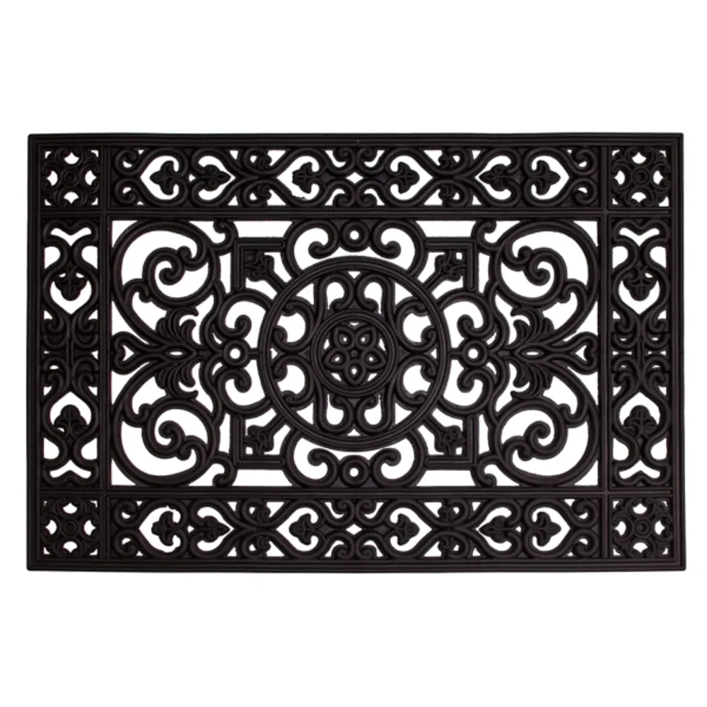 Black Scroll Border Rubber Doormat, 36x24