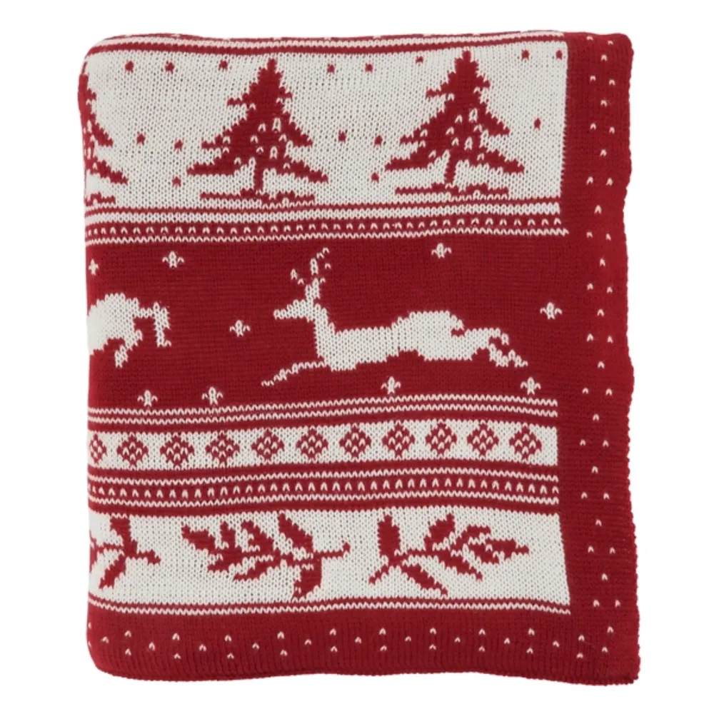 Red and White Stripe Reindeer Christmas Knit Throw