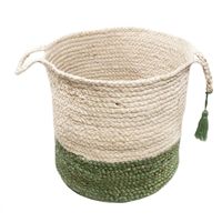 Green and Cream Woven Basket with Tassel, 17 in.