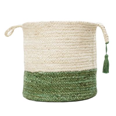 Green and Cream Woven Basket with Tassel, 17 in.