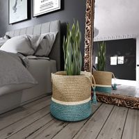 Teal Off White Woven Basket with Tassel, 17 in.