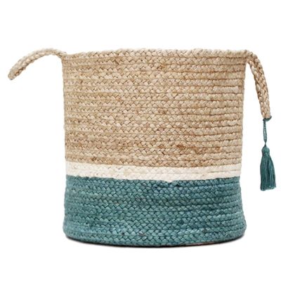 Teal Off White Woven Basket with Tassel, 17 in.