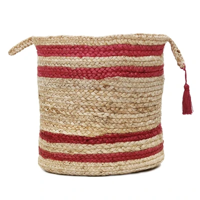 Red Double Stripe Jute Basket with Handles, 19 in.