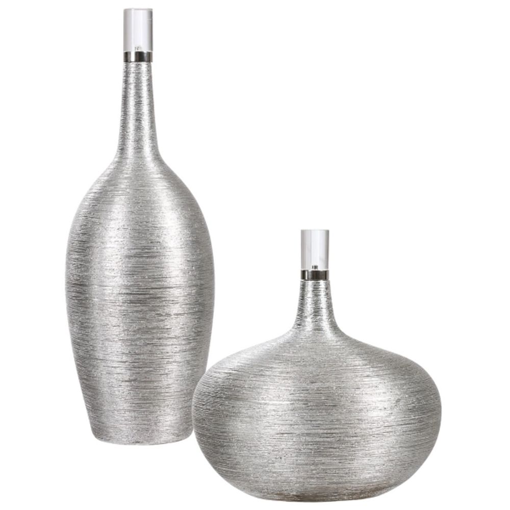 Silver Leaf Ribbed Gatsby Bottle Vases, Set of 2