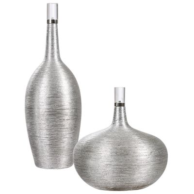 Silver Leaf Ribbed Gatsby Bottle Vases, Set of 2