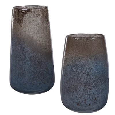 Blue and Brown Ombre Seeded Glass Vases, Set of 2