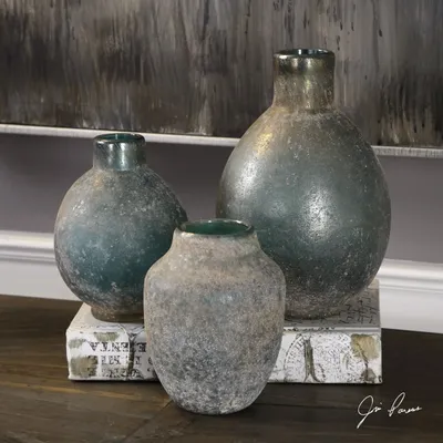 Textured Rust Ivory Glazed Vases, Set of 3