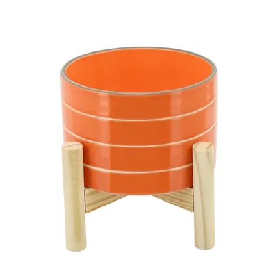 Orange Striped Wood Stand Outdoor Planter