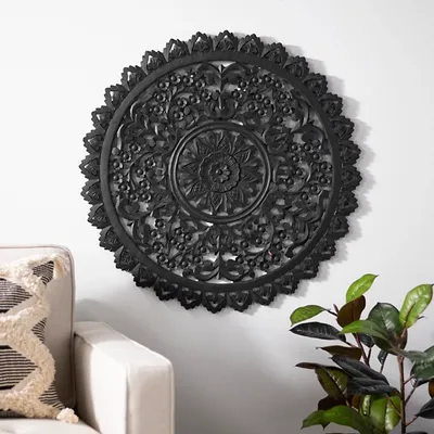 Black Ornate Carved Medallion Wall Plaque, 32 in.