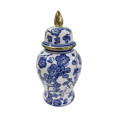 Blue and Ivory Floral Hibiscus Pattern Temple Jar