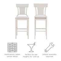 White Wood and Rattan Upholstered Bar Stool