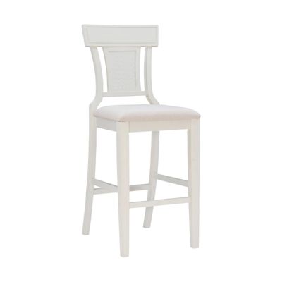 White Wood and Rattan Upholstered Bar Stool