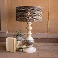 Rustic White Table Lamp with Woven Metal Shade