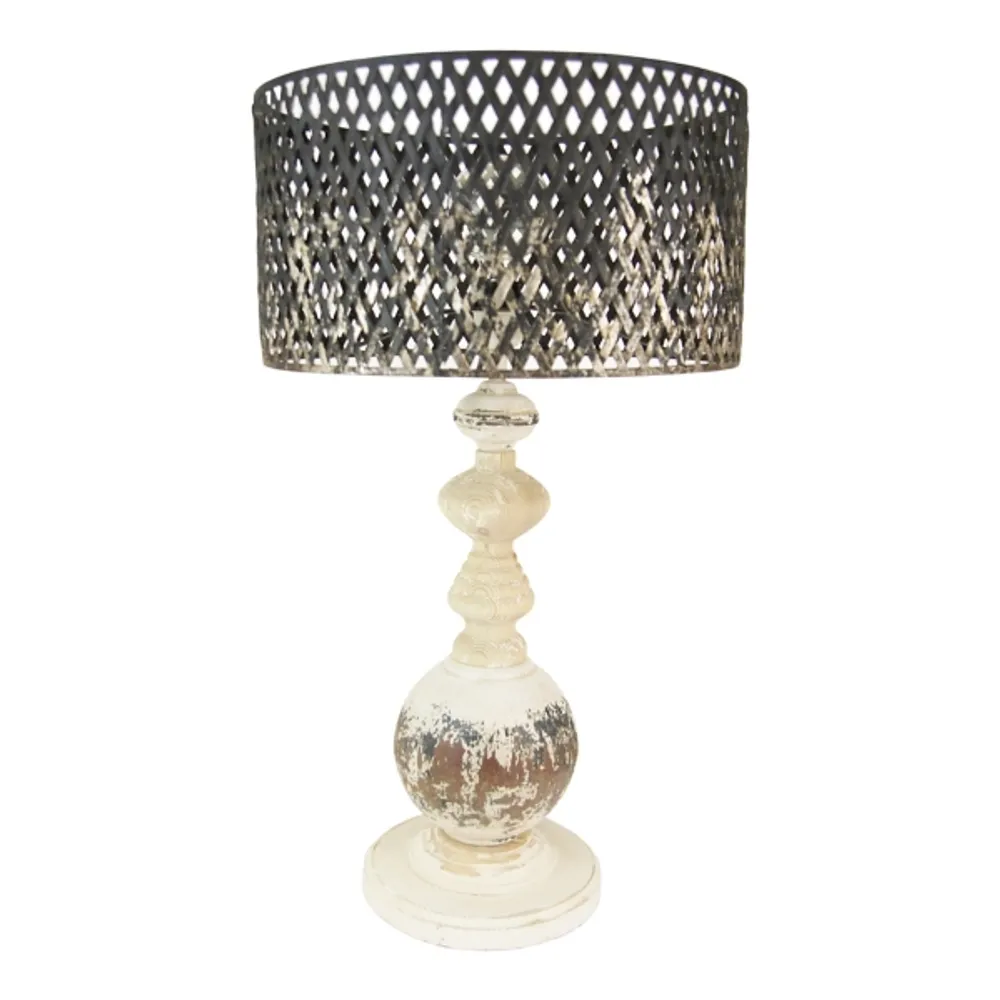 Rustic White Table Lamp with Woven Metal Shade