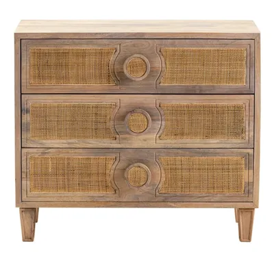 Hand Woven Cane 3-Drawer Wood Chest
