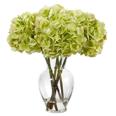 Watered Hydrangea Bouquet in Round Glass Vase