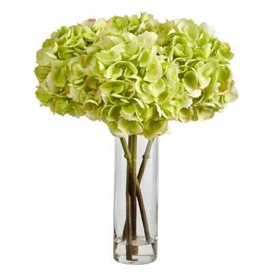 Watered Hydrangea Bouquet in Tall Glass Vase