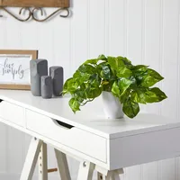 Real Touch Variegated Pothos in White Planter