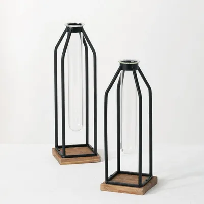 Open Iron Frame Tube Vases, Set of 2
