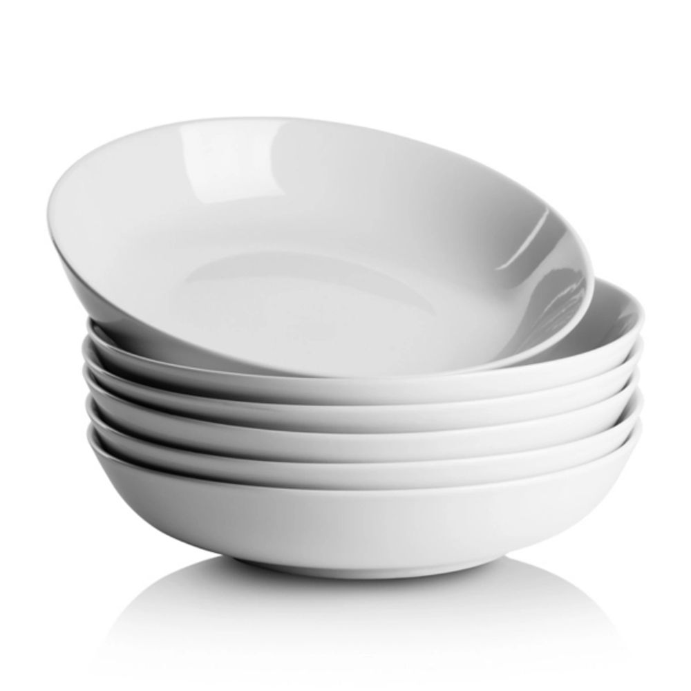 White Ceramic Round Dinner Bowls, Set of 6