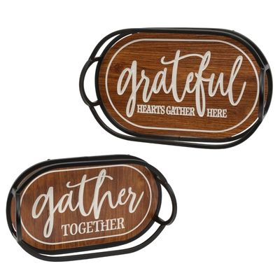Engraved Wood and Metal Harvest Trays, Set of 2
