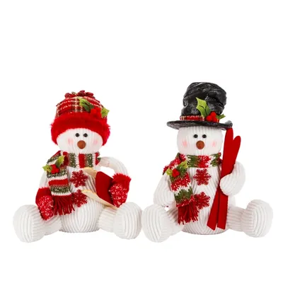 White and Red Snow Day Sitting Snowmen, Set of 2
