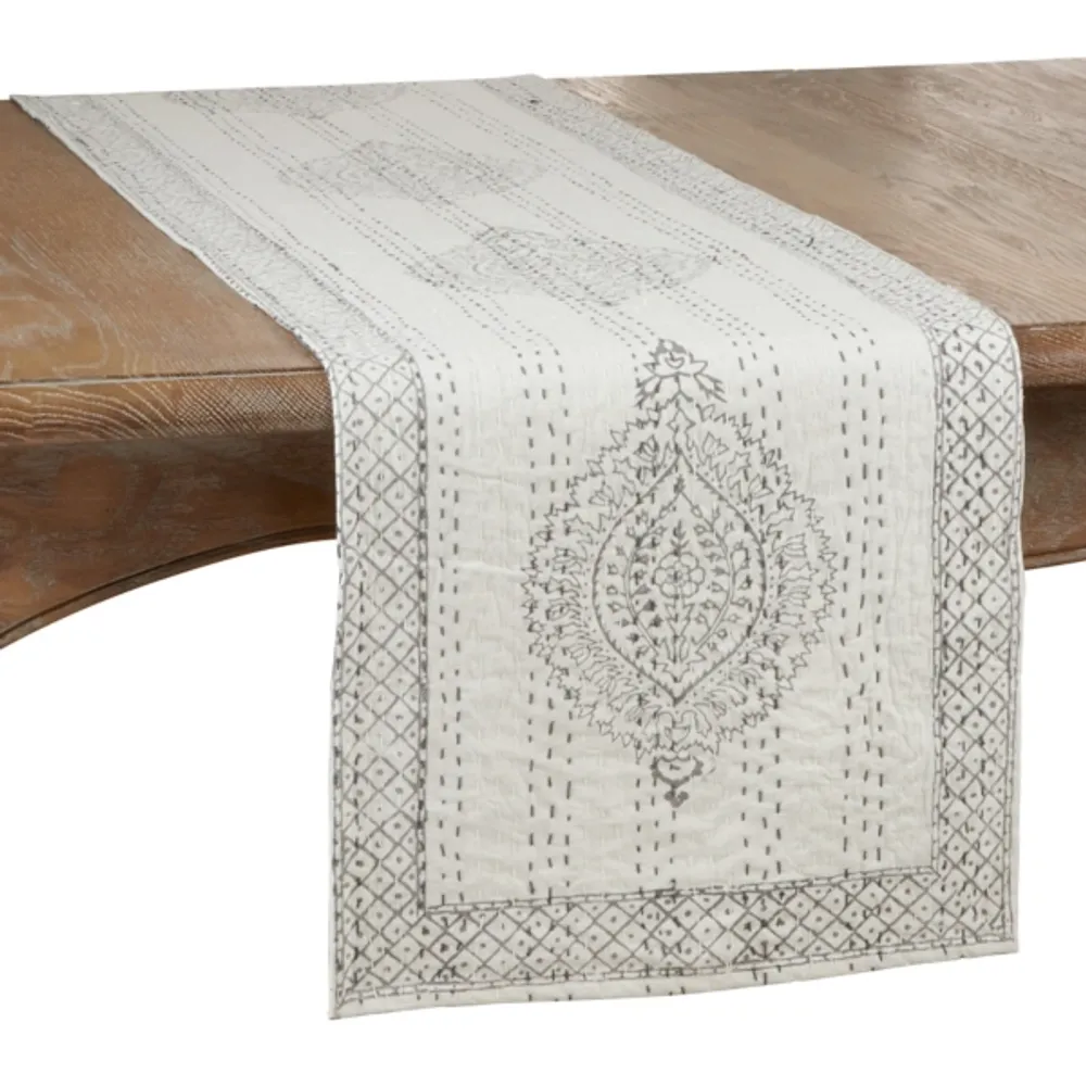 Gray and White Kantha Stitch Table Runner