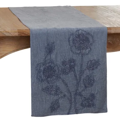 Deep Blue Floral Embroidered Table Runner