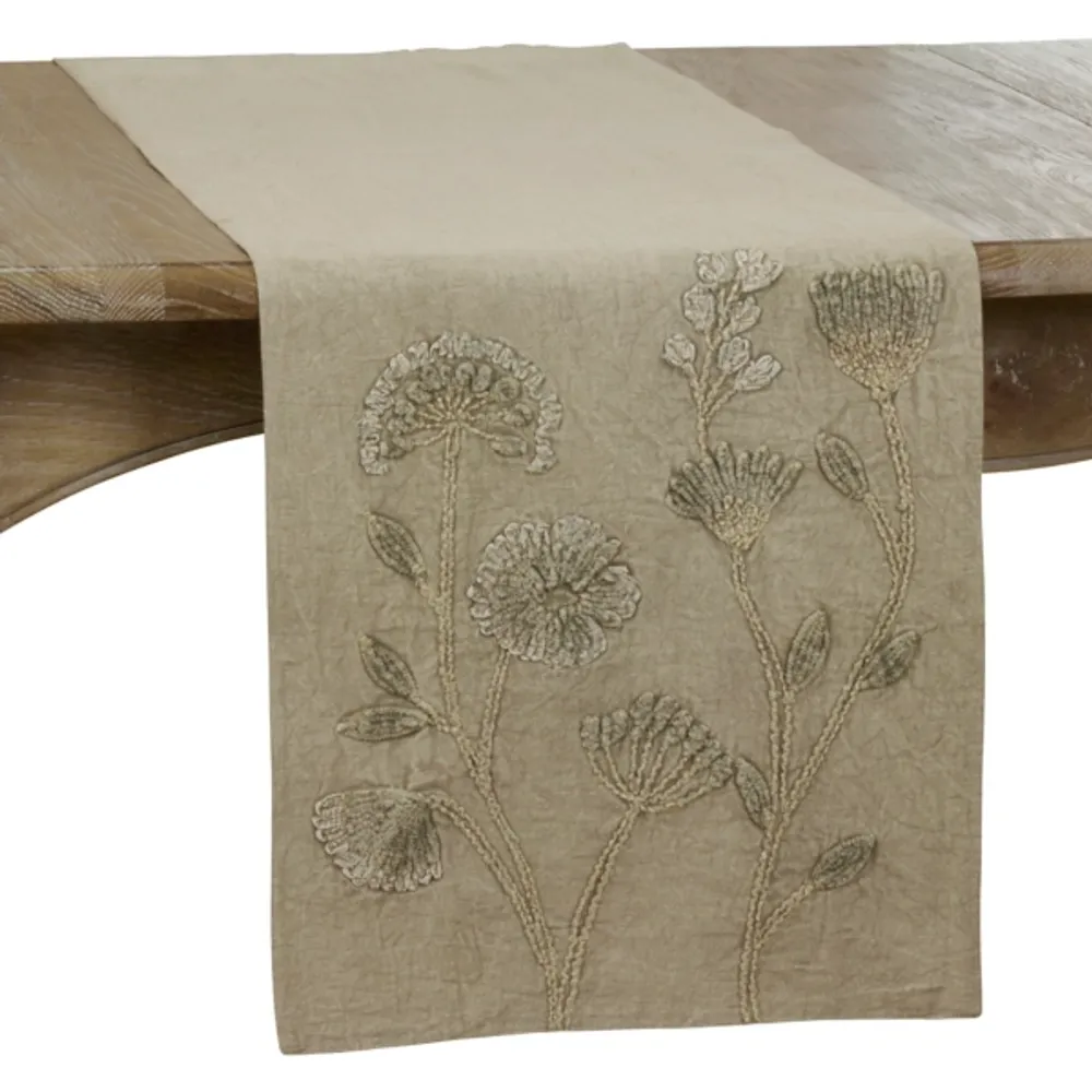 Sand Beige Floral Embroidered Table Runner