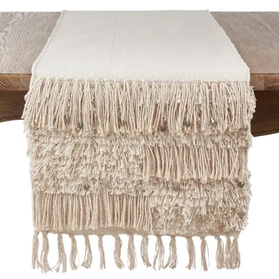 Gray Sequin Fringe Cotton Table Runner