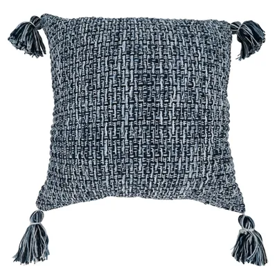 Navy Woven Texture Tassels Throw Pillow