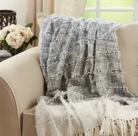 Soft Blue Textured Striped Tassel Throw