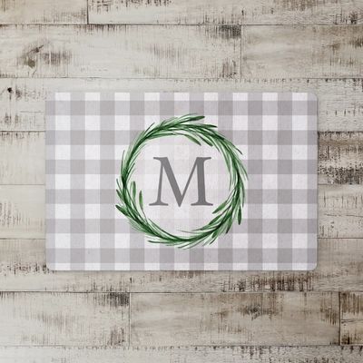 Personalized Gray Buffalo Check Wreath Kitchen Mat