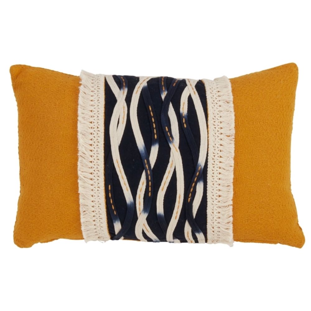 Yellow Wave Stitched Fringe Lumbar Pillow