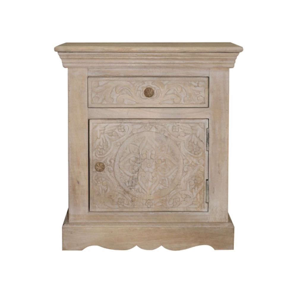 Champagne Hand Carved Mango Wood Floral Nightstand