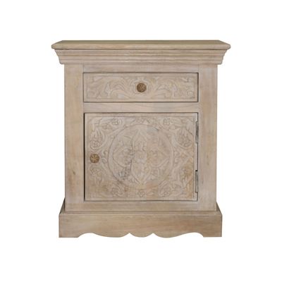 Champagne Hand Carved Mango Wood Floral Nightstand