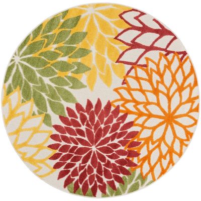 Red Floral Burst Outdoor Round Area Rug, 5 ft.