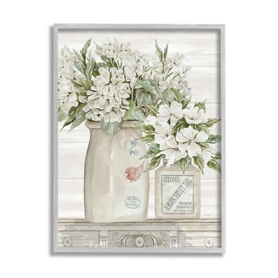 White Floral Ceramic Jar Framed Wood Wall Plaque