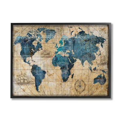 Vintage World Map Framed Giclee Canvas Art Print