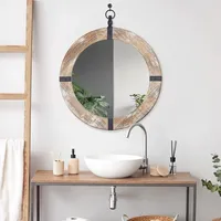 Rustic Round Wooden Mirror with Metal Brackets
