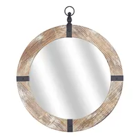 Rustic Round Wooden Mirror with Metal Brackets