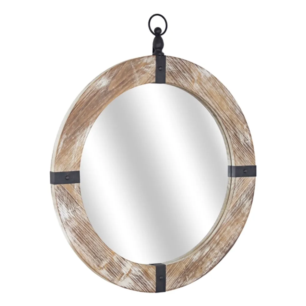 Rustic Round Wooden Mirror with Metal Brackets