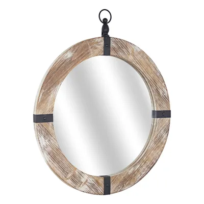 Rustic Round Wooden Mirror with Metal Brackets