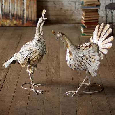 Antique White Metal Turkey Statues, Set of 2