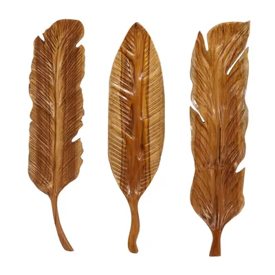 Gold Teak Carved Feather Wall Plaques, Set of 3