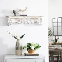 White Distressed Carved Wood Acanthus Wall Shelf