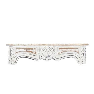 White Distressed Carved Wood Acanthus Wall Shelf