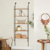 Black Metal Pipe Frame Brown Wood Wall Shelf