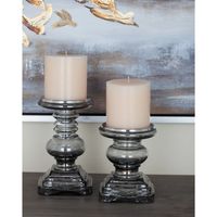 Gray Clear Glass Column Candle Holders, Set of 2