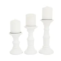 White Wood Column Pillar Candle Holders, Set of 3